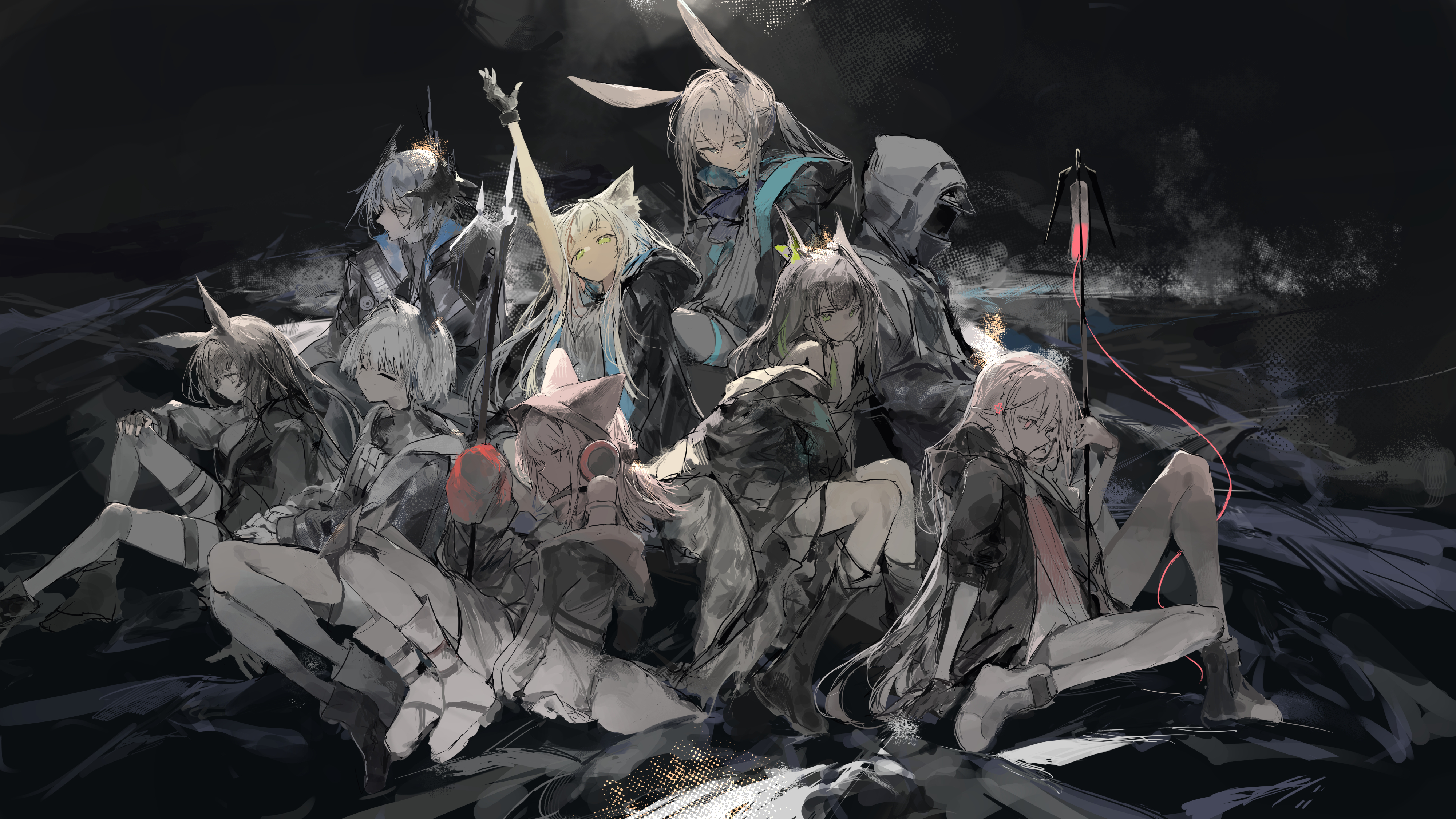 Frostleaf (Arknights) & Rosmontis (Arknights) & Warfarin (Arknights) & Amiya (Arknights) & Mon3tr (Arknights) & Raidian (Arknights) & Logos (Arknights) & Doctor (Arknights) from Arknights drawn by Ichika (ichika87)