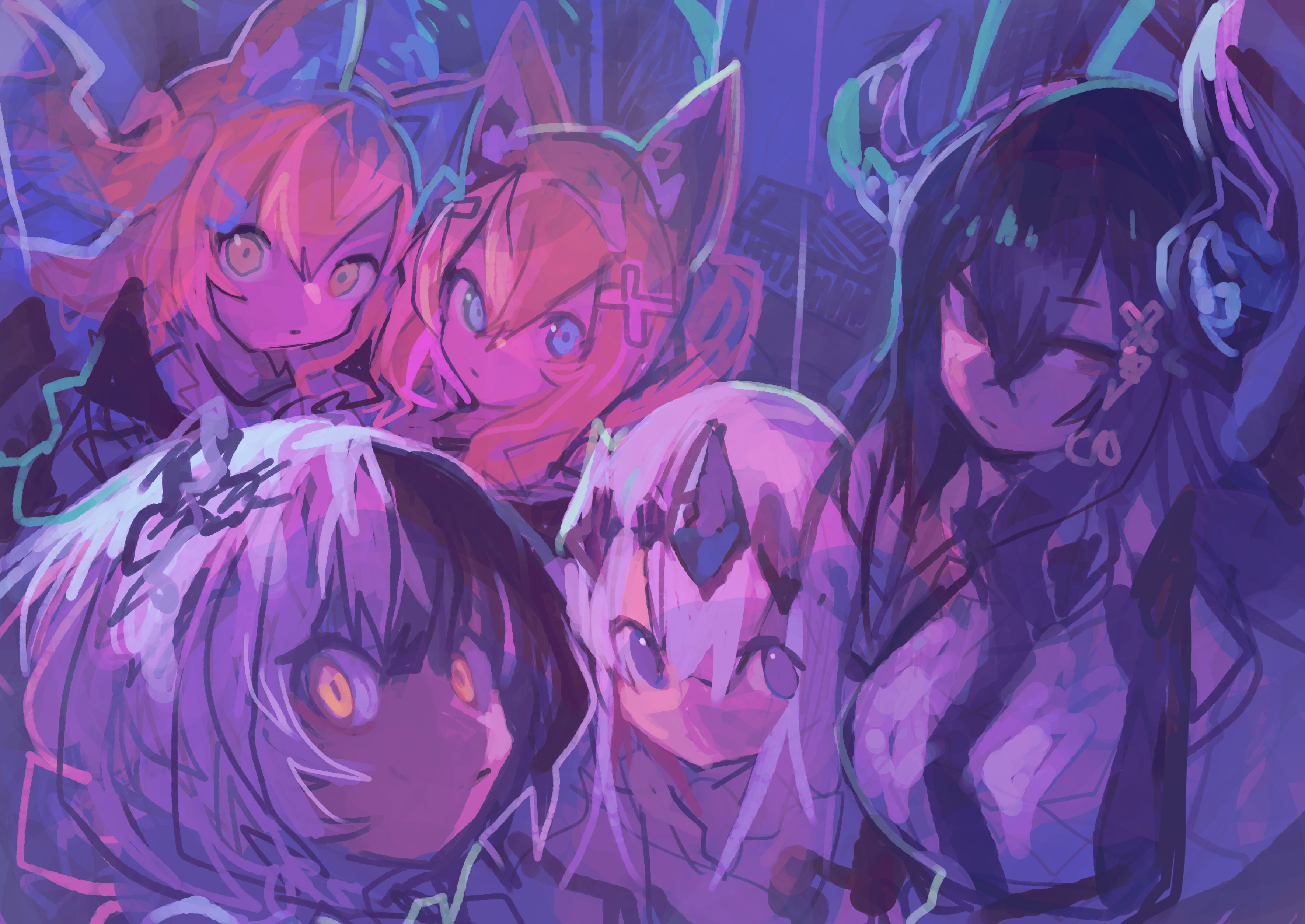 Mococo Abyssgard & Koseki Bijou & Nerissa Ravencroft & Shiori Novella & Fuwawa Abyssgard & Nerissa Ravencroft (1st Costume) & Fuwawa Abyssgard (1st Costume) & Koseki Bijou (1st Costume) & Mococo Abyssgard (1st Costume) & Shiori Novella (1st Costume) from Hololive & Hololive En drawn by Kaamin (mariarose753)